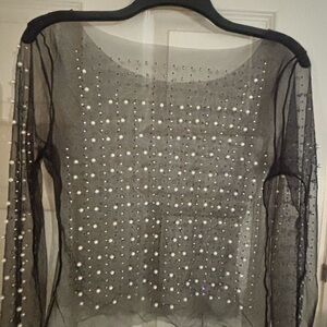 Sheer Black Embellished Long-Sleeve Top